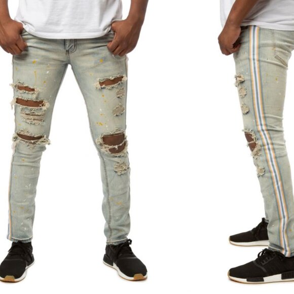 KDNK NORIEGA STRIPED SIDE PANEL JEANS Mens 34 Stretch Skinny Distressed D18 - Picture 1 of 11
